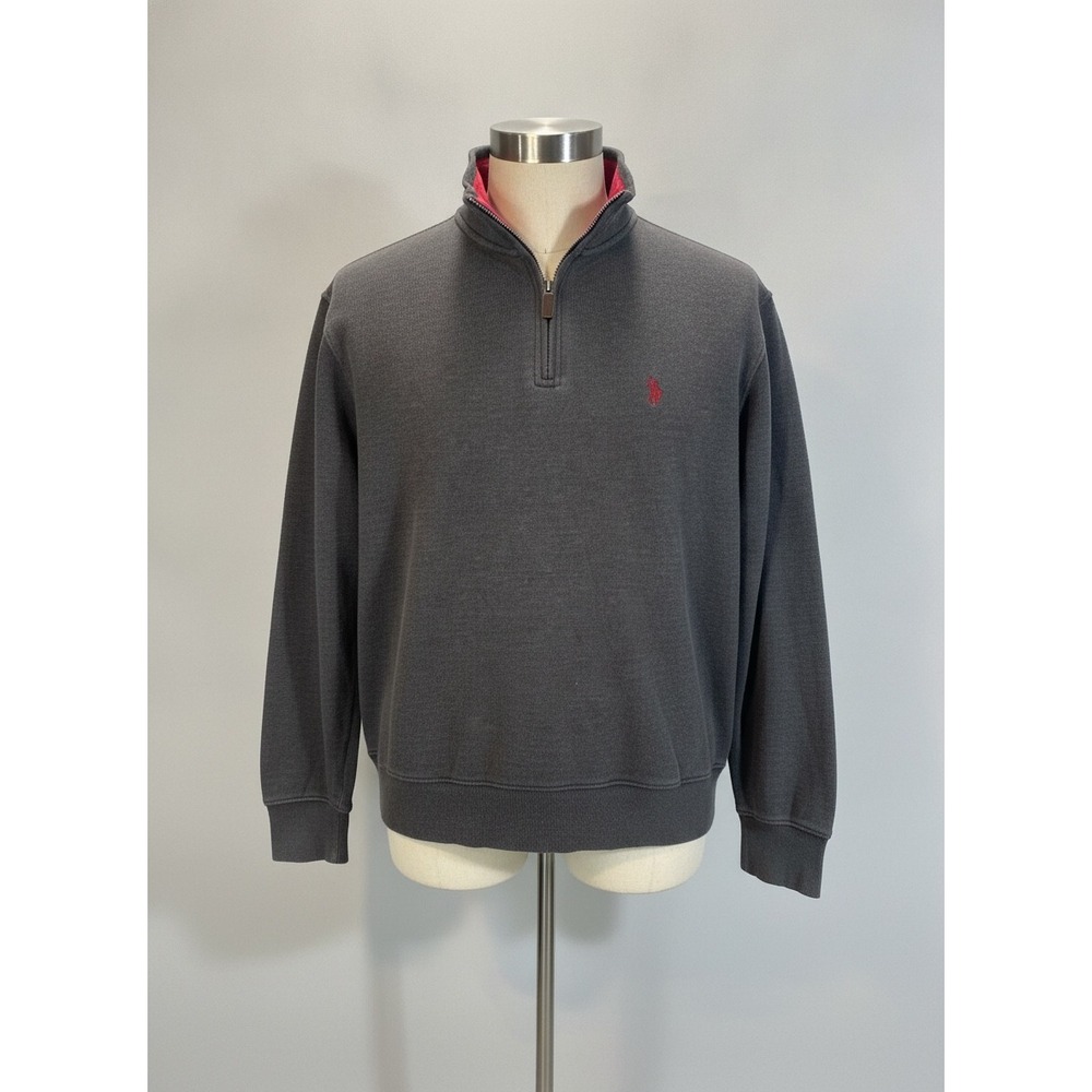US Polo Assn Mens Medium Quarter Zip Pullover Sweater Grey Red Contrast Collar